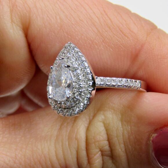 Macy's Silver Teardrop Diamond Cubic Zirconia Halo Ring S 925 Size 7 - Picture 7 of 8